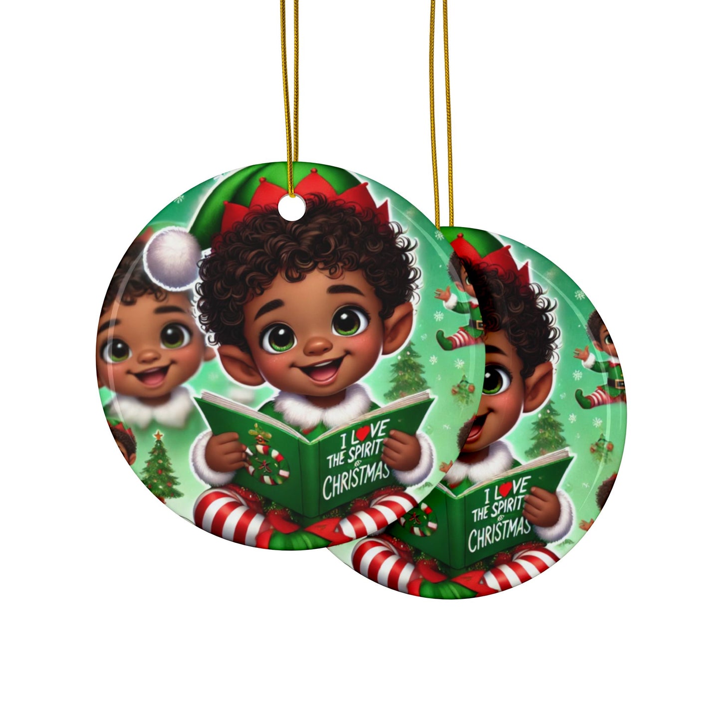 Christmas Ceramic Ornaments, Little Boy Santa Helper in Green Outfit