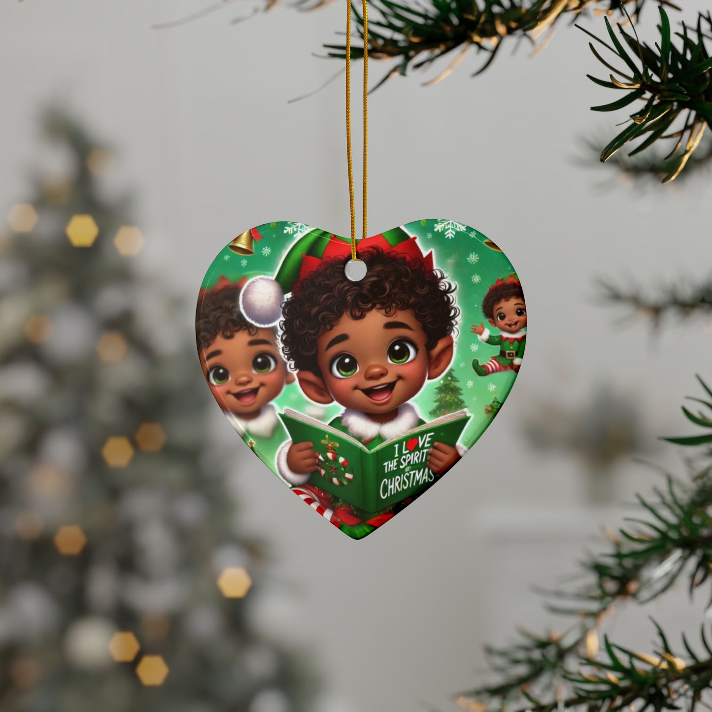Christmas Ceramic Ornaments, Little Boy Santa Helper in Green Outfit