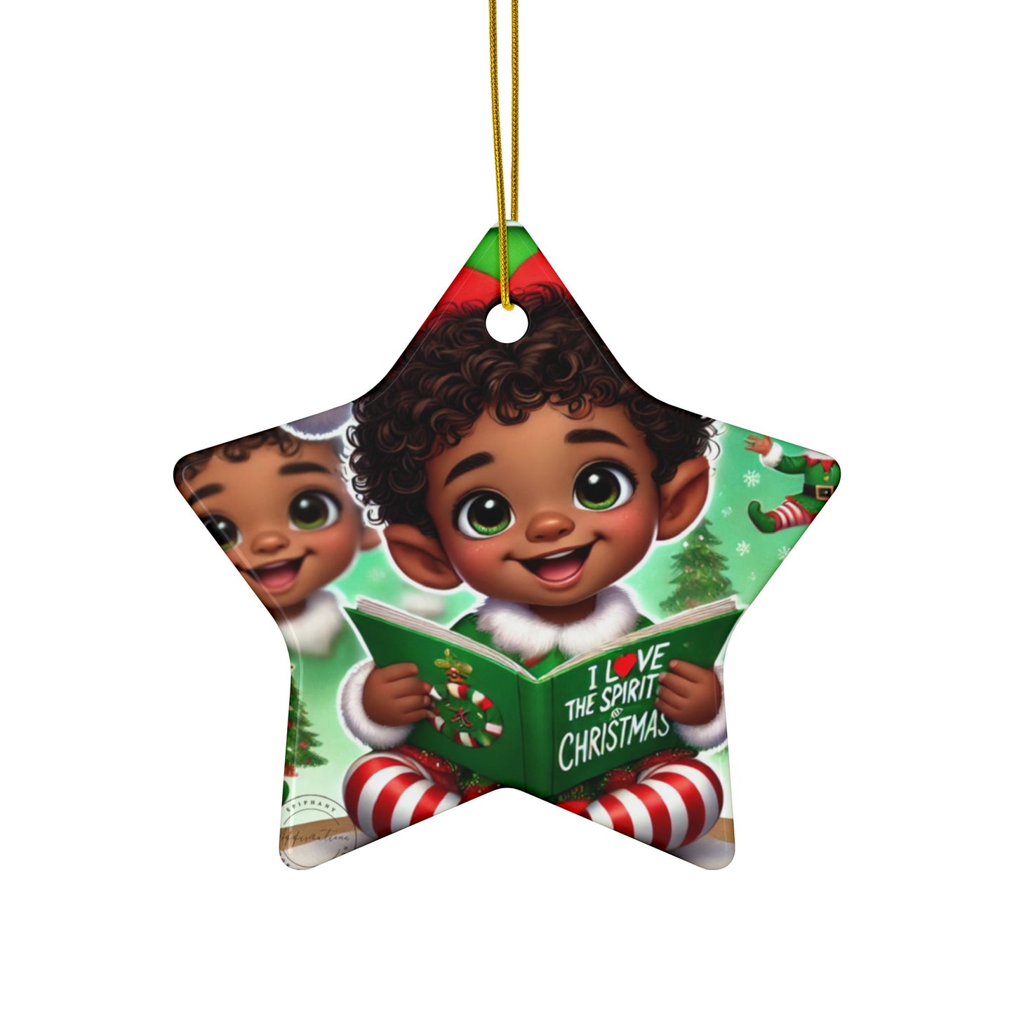 Christmas Ceramic Ornaments, Little Boy Santa Helper in Green Outfit